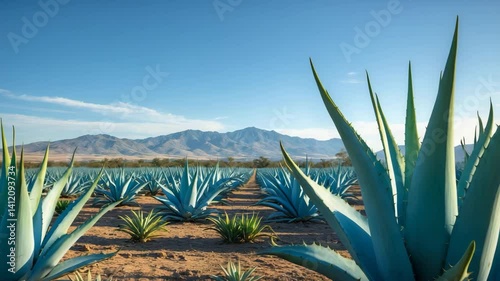 Blue agave plant utilized for producing the alcoholic drink, framed by a clear blue sky and mountains.
