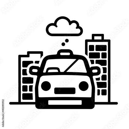 Hybrid taxi icon navigating urban skyline, modern transportation concept.