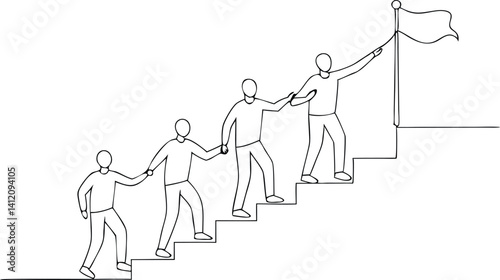 AdobeMinimalist Continuous Line Drawing of Team of Four People Holding Hands and Climbing Upstairs Together Toward a Waving Flag – Symbol of Empowerment, Growth, Motivation, and Vi Illustrator Artwork