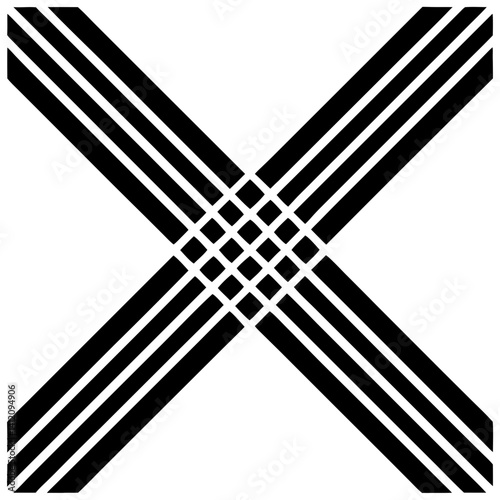 Black and white cross and check mark symbols with metallic sword and medieval design elements