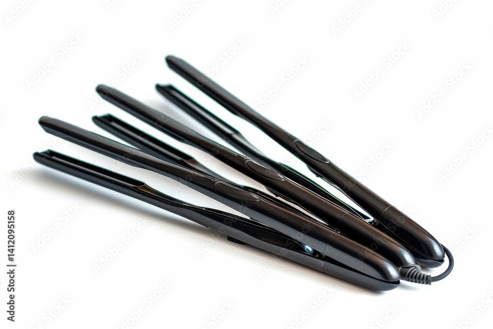 Multiple sleek black hair straighteners on a white background showcasing styling tools and elegance isolated on transparent background Multiple sleek black hair straighteners on a white background showcasing styling tools and elegance isolated on transparent background