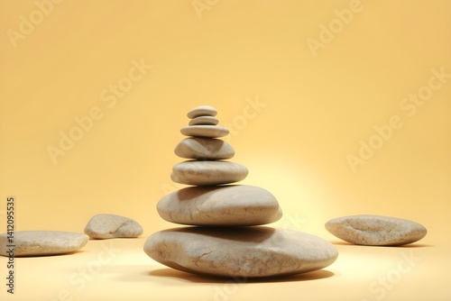 Minimal abstract 3D floating stones with natural lighting on beige background photo