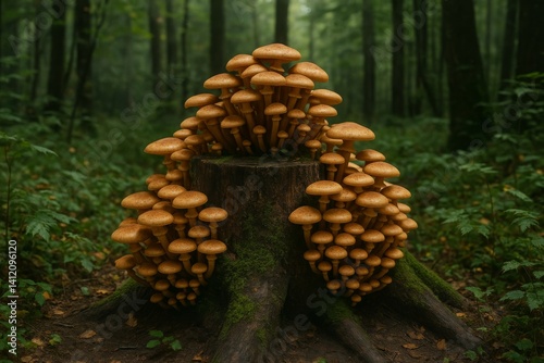 Mushrooms Growing on Tree Stump in Serene Forest During Autumn