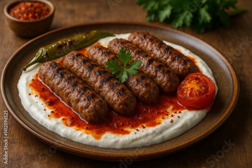 Grilled Sausage Skewers Served With Creamy Sauce and Fresh Tomato on a Wooden...