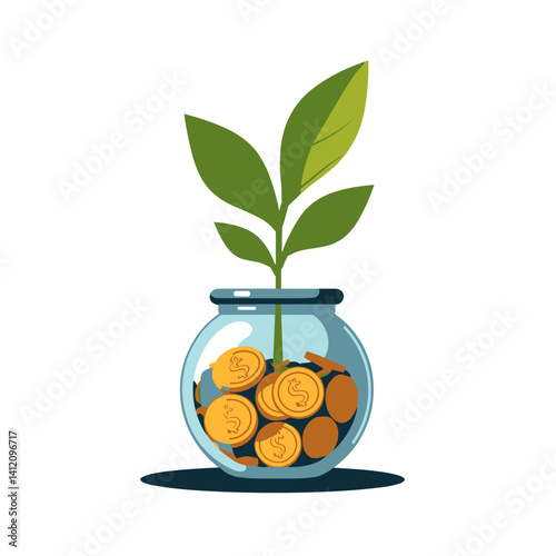 Growing plant in coin jar symbolizes financial growth and stability -