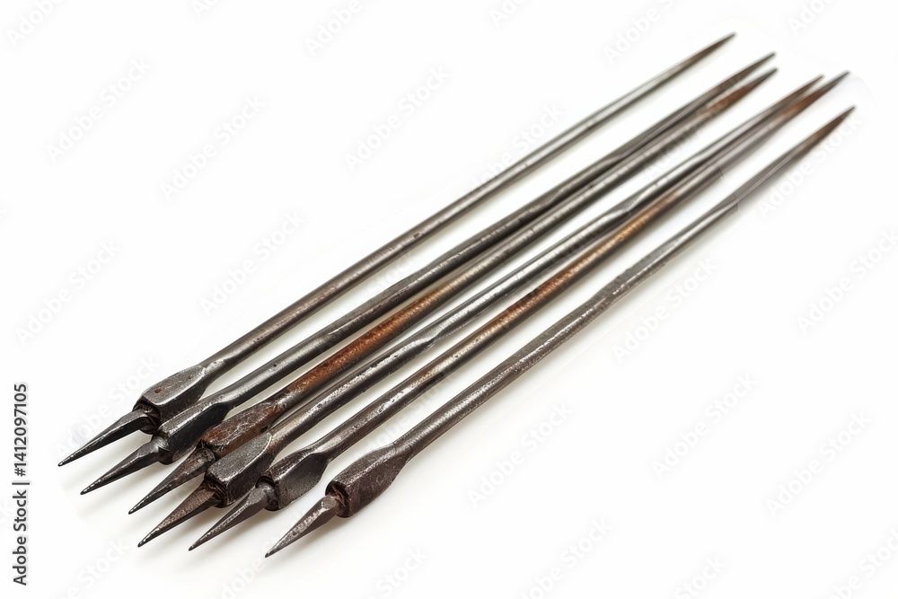 Artisan-crafted metal skewers arranged artistically on a white background for culinary use isolated on transparent background Artisan-crafted metal skewers arranged artistically on a white background for culinary use isolated on transparent background