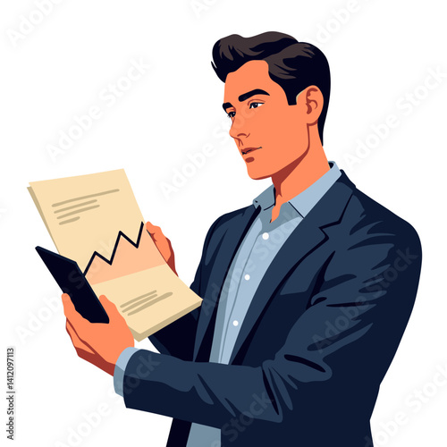 Focused financial advisor analyzing data and smartphone, business clarity