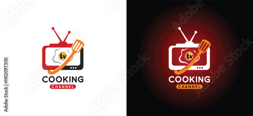 Cooking channel logo design with vector symbols of television and cooking utensils icons