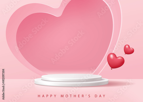 Mother's day banner for product demonstration. White platform with heart-shaped arch on pink background.