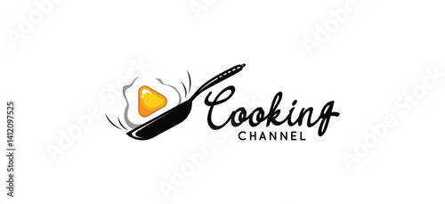 Cooking channel logo design with fried egg icon vector symbol with pan