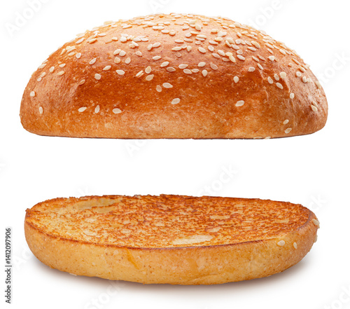 Two parts of a burger bun, covered with sesame on a white background. The file contains clipping paths.