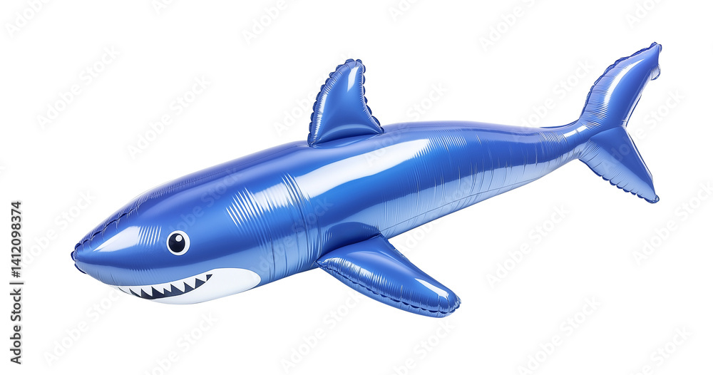 Inflatable shark toy floats isolated, perfect for a pool party or summer fun with its bright blue color, playful design, and classic shark shape. Inflatable shark toy floats isolated, perfect for a pool party or summer fun with its bright blue color, playful design, and classic shark shape.
