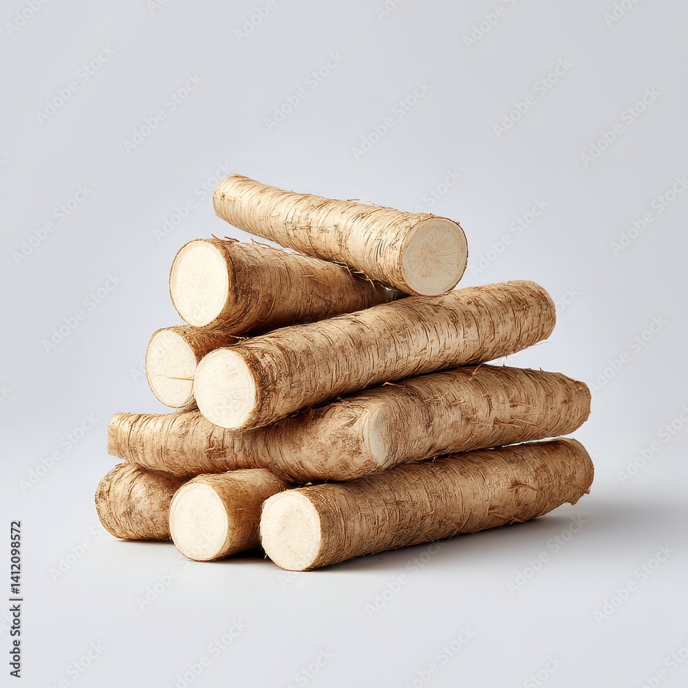 Pile of burdock roots stacked high on white background Pile of burdock roots stacked high on white background