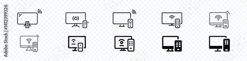 Monitor with Remote Vector Icon set, TV with Remote Control Vector Icon, Computer with remote icon, television Icon Flat vector set outline