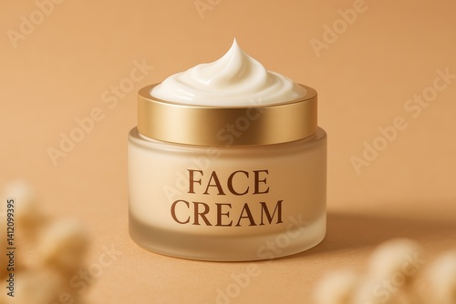 Moisturizing Face Cream in a Glass Jar With Golden Lid on a Soft Brown Backgr...