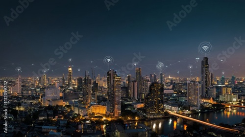 Wallpaper Mural Aerial panorama of smart city at night with icons Internet of Things networks and augmented reality technology concept Torontodigital.ca