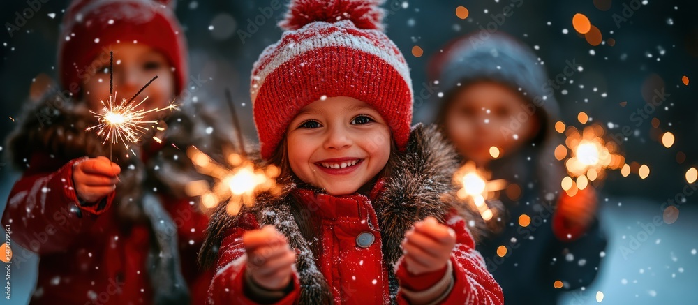 Children with sparklers in snowy winter Children with sparklers in snowy winter