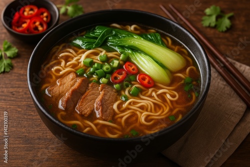 Delicious Bowl of Ramen With Beef and Fresh Vegetables Served on a Wooden Table