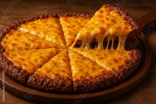Delicious Cheese Pizza With Golden Crust on Wooden Plate Garnished With Fresh...