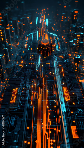 Futuristic cityscape depicted as a complex circuit board with glowing orange and blue light trails connecting abstract structures.