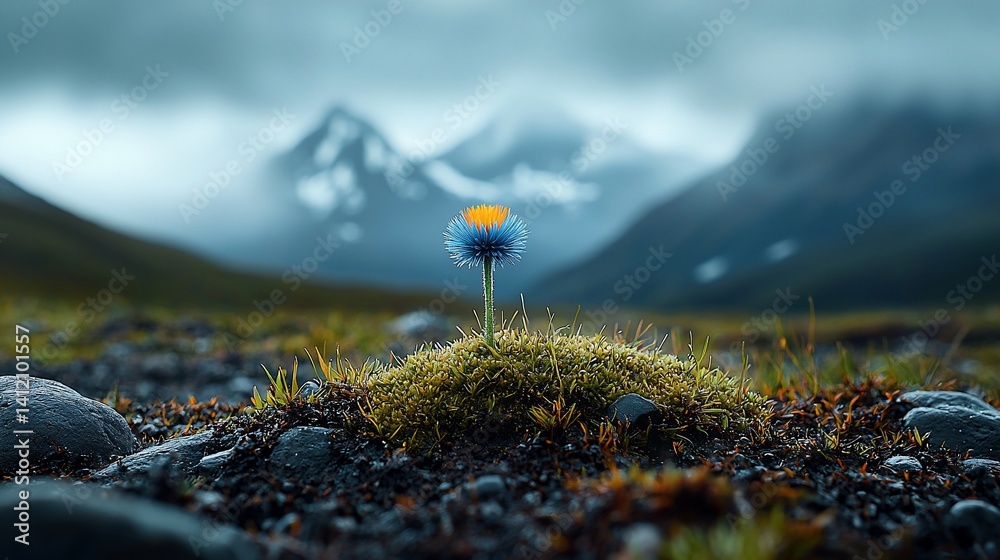 Wildflower in misty mountains