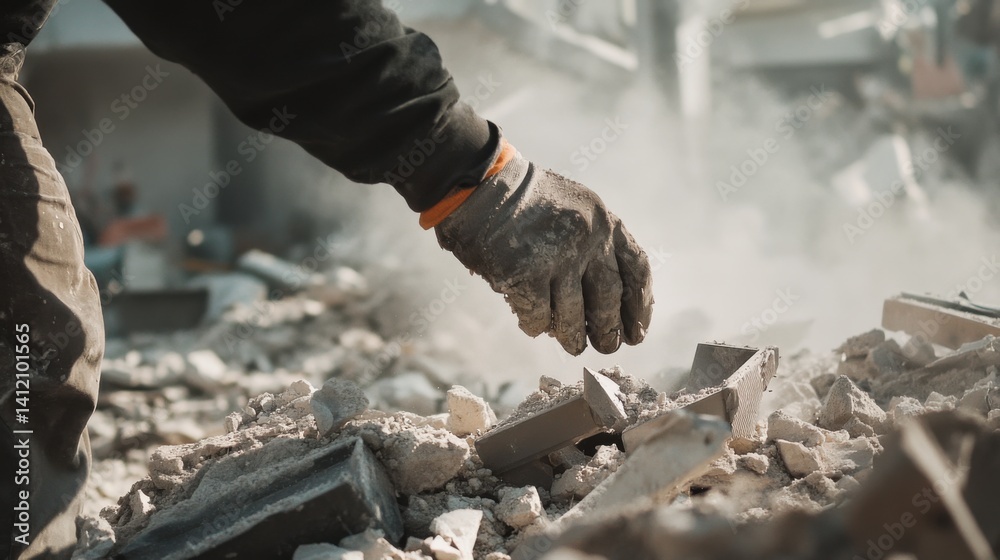 Obraz premium Demolition worker removing debris at a construction site. Featuring strength and efficiency