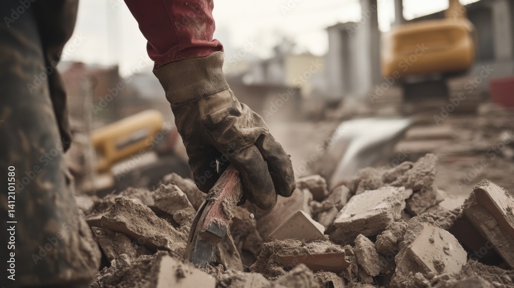 Fototapeta premium Demolition worker removing debris at a construction site. Featuring strength and efficiency