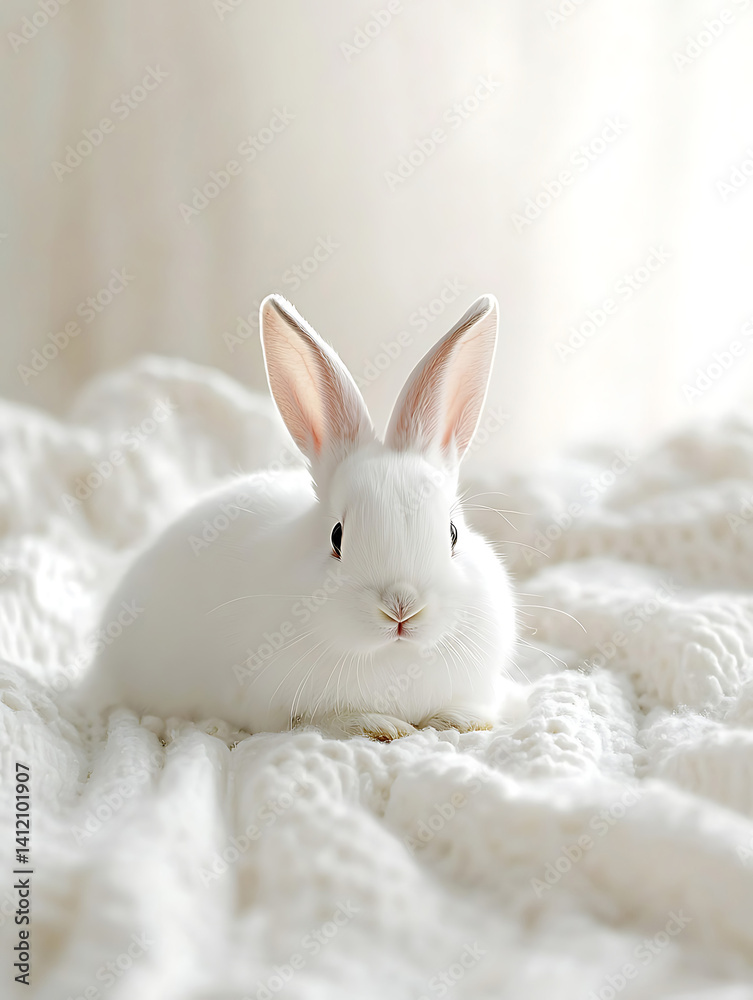 Obraz premium A fluffy white bunny rests serenely on a textured white blanket bathed in soft bright light creating a peaceful and pure scene.