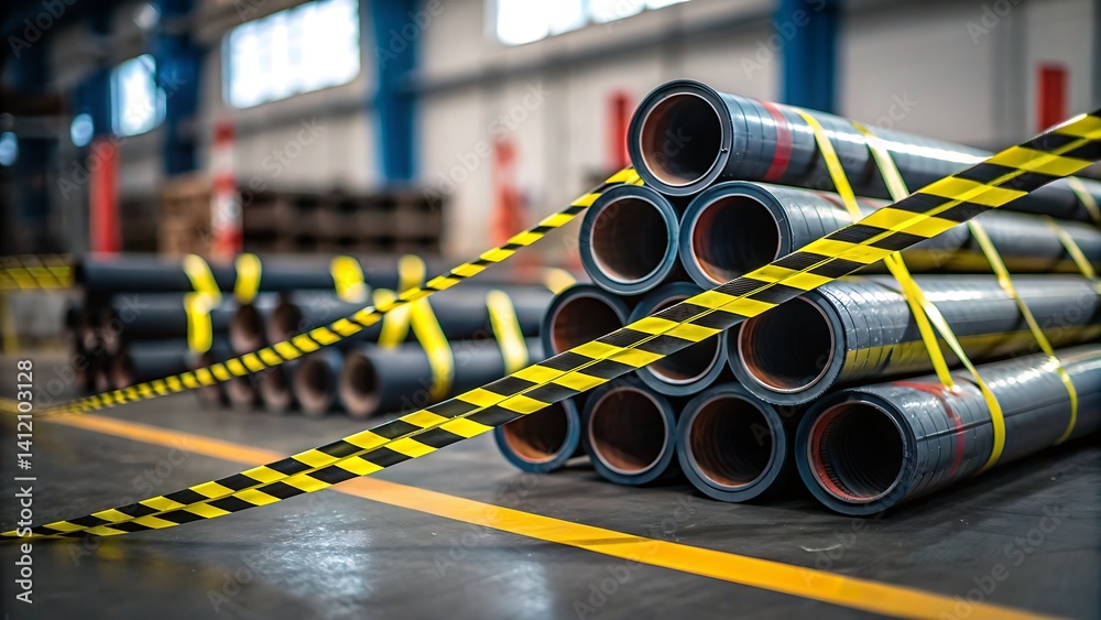 Fototapeta premium Tariff Wall Industrial Goods Shipment, Piled metal pipes secured with caution tape in an industrial setting.