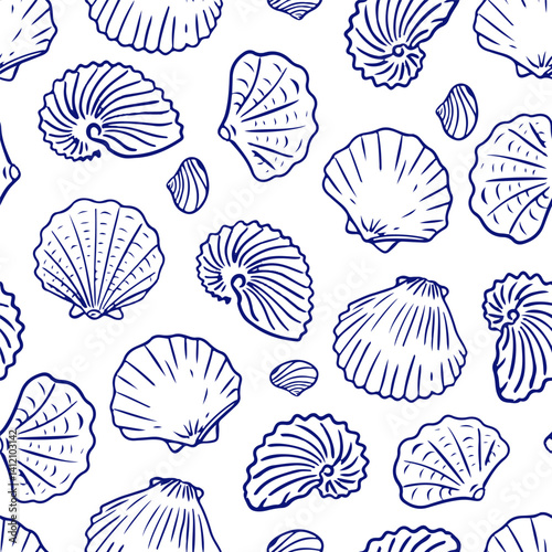 Seamless pattern of hand drawn seashells on white background. Marine-inspired design. Coastal and beach theme concept for textile, wallpaper, and interior design.