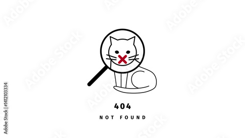 Illustration of 404 error, page not found. Webpage with magnifying glass and cat. Editable stroke.