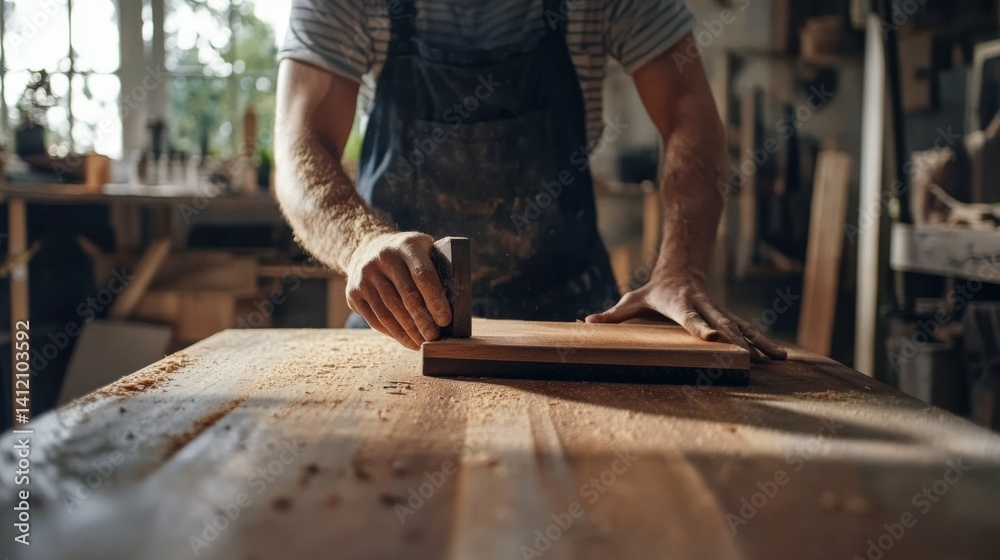Carpenter polishing a wooden table in a workshop. Featuring woodworking and finishing Carpenter polishing a wooden table in a workshop. Featuring woodworking and finishing