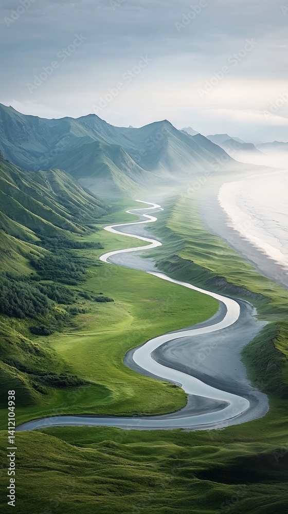 Winding river through lush green hills overlooking a beach