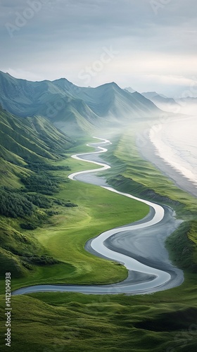 Obraz na płótnie Winding river through lush green hills overlooking a beach w salonie