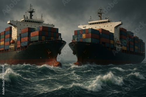 Container Ships Navigating Rough Seas With Stormy Skies Above During a Challe...