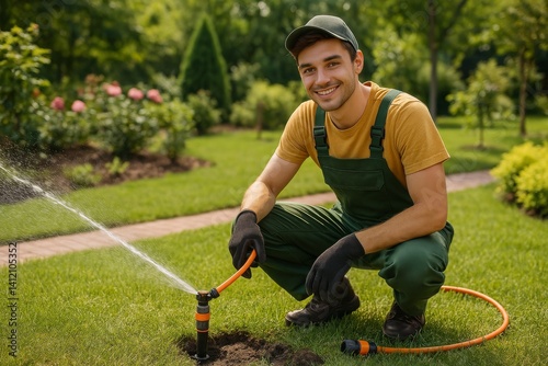 Gardener Using a Hose to Water Flowers in a Lush Green Backyard During the Af...