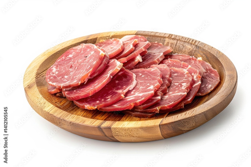 Sliced cured meats arranged artistically on a rustic wooden platter for a gourmet tasting experience isolated on transparent background