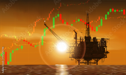 Prices are rising. Offshore oil drilling rig, platform on oil price chart, financial data. Stock indices growth. High price barrel. Background sunset sky. Silhouette, seascape. Carbon energy. Vector