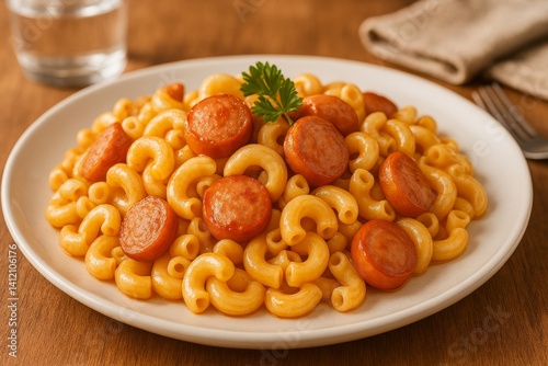 Macaroni With Sausage Served on a White Plate at a Cozy Dinner Table Setting