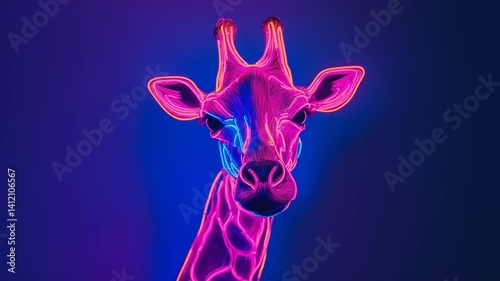 Neon-lit close-up of a giraffe's head against a vibrant blue and purple background