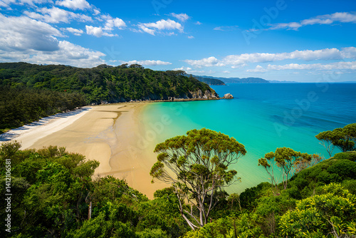 Wide-angle landscape of Abel Tasman Coastal Track featuring a pristine beach curving along clear ocean water, with dense forested hills in the background. Sunny day with few white clouds, high detail,