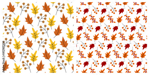 Freehand Oak Maple Abstract berry twigs Seamless Pattern in trendy Autumn Tint Thanksgiving fond Set