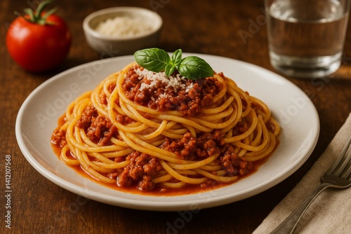 Delicious Spaghetti Topped With Rich Meat Sauce Served on a Wooden Table