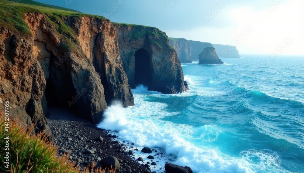 Obraz premium Rugged cliffs, dramatic waves crash against rocks , crashing waves, coastal landscape