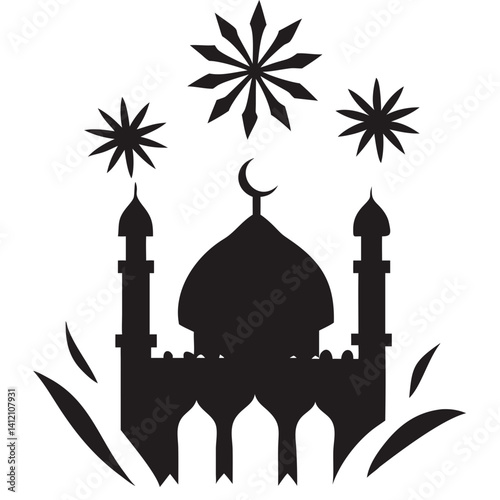 A majestic mosque silhouetted against celebratory fireworks, a vibrant symbol of faith and festive joy in stark black and white.