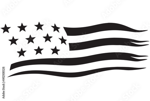 A stylized American flag design, powerfully flowing in a bold black and white graphic style, conveying freedom and patriotism with a dynamic feel.