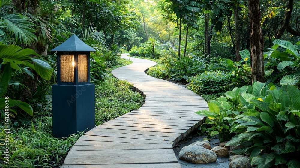 Winding wooden path through lush green garden