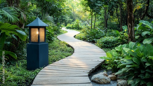 Obraz na płótnie Winding wooden path through lush green garden w salonie