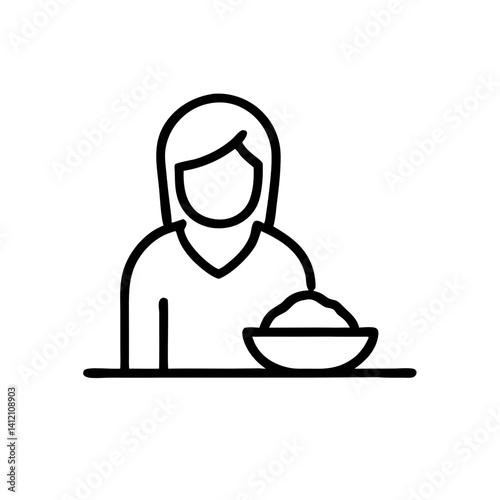 A woman peacefully enjoying a simple meal, a moment of quiet contentment in bold black line art.