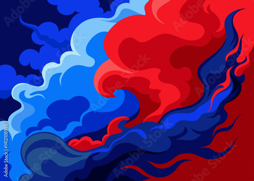 Dynamic interplay of vibrant red and blue swirls, creating a powerful and energetic visual narrative with bold, stylized forms.